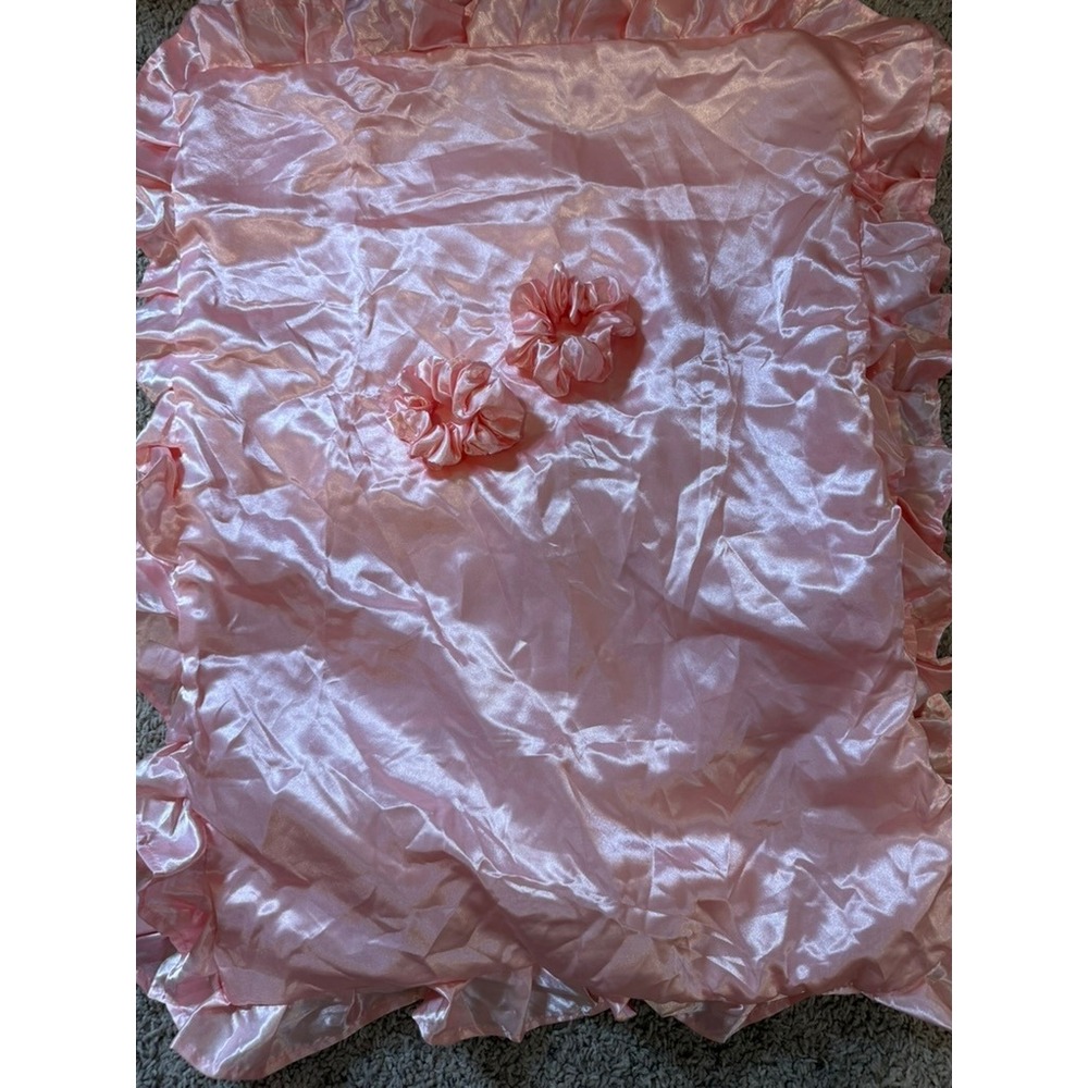 2 Pink Satin Ruffle Pillowcase Shams and Matching Scrunchie Set 3 Piece
